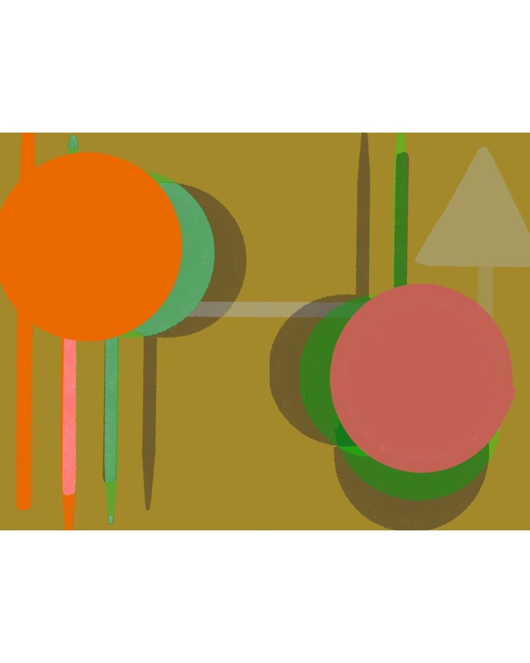 Counterpoint, a playful abstract print with circles on olive ground