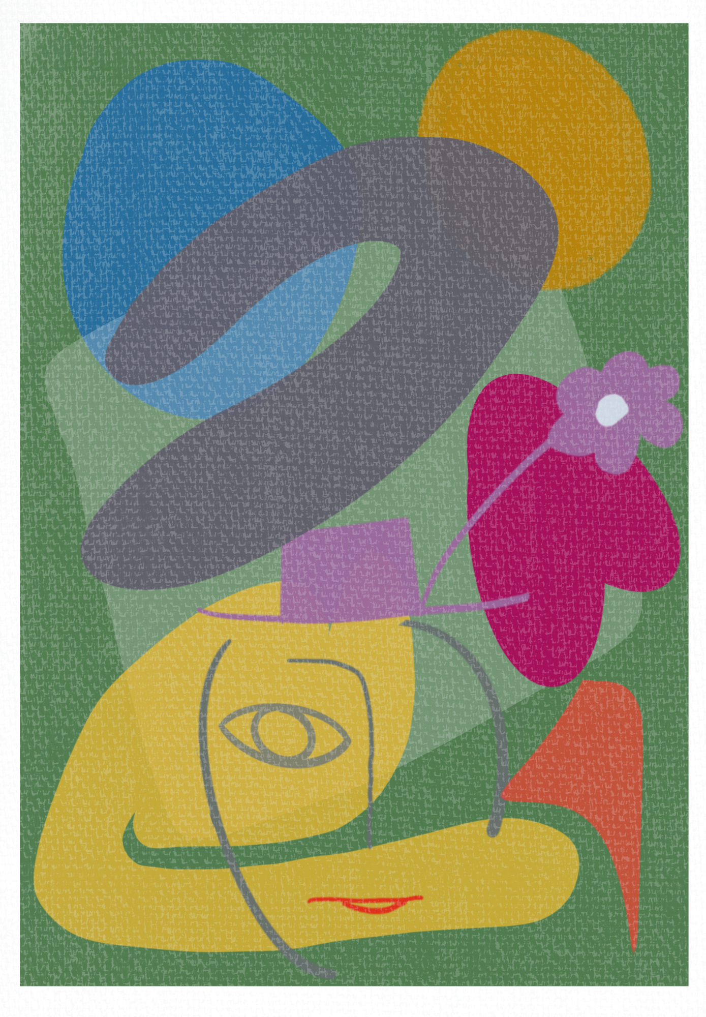 Fiore, a playful abstract portrait in blue, gray, gold and magenta on a green ground