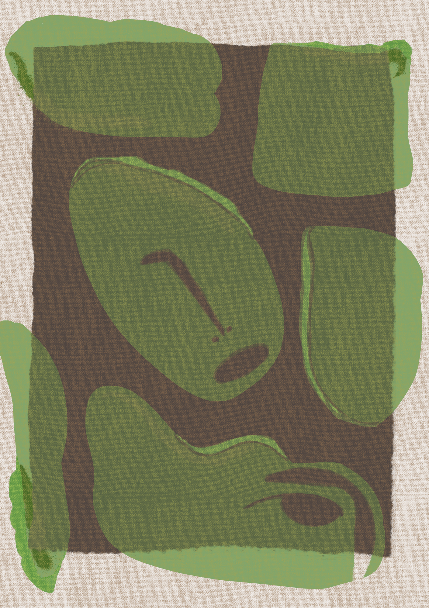 Forma, an abstract fractured portrait in olive green tones on a dark ground