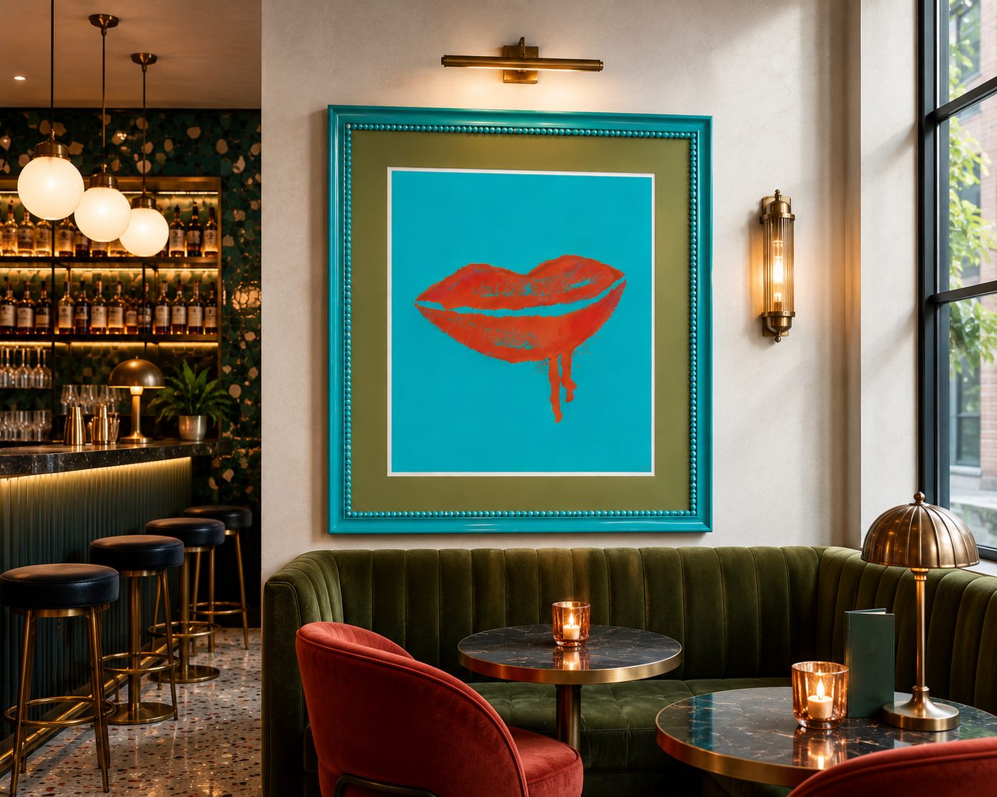 Lip Lock print in a cocktail bar setting by Accento Cassa