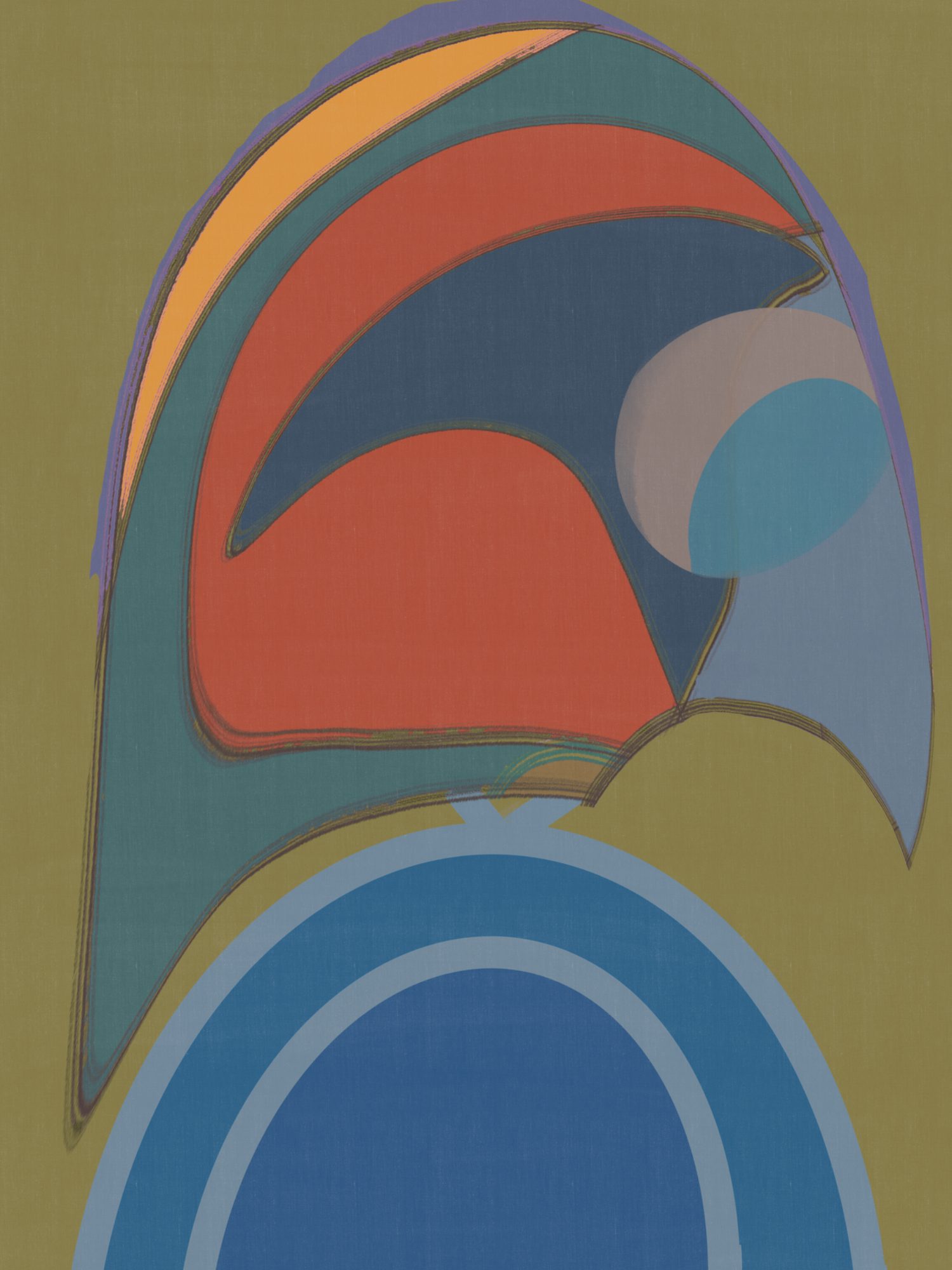 Loro, a bold abstract painting with sweeping arcs in olive, teal, orange and blue