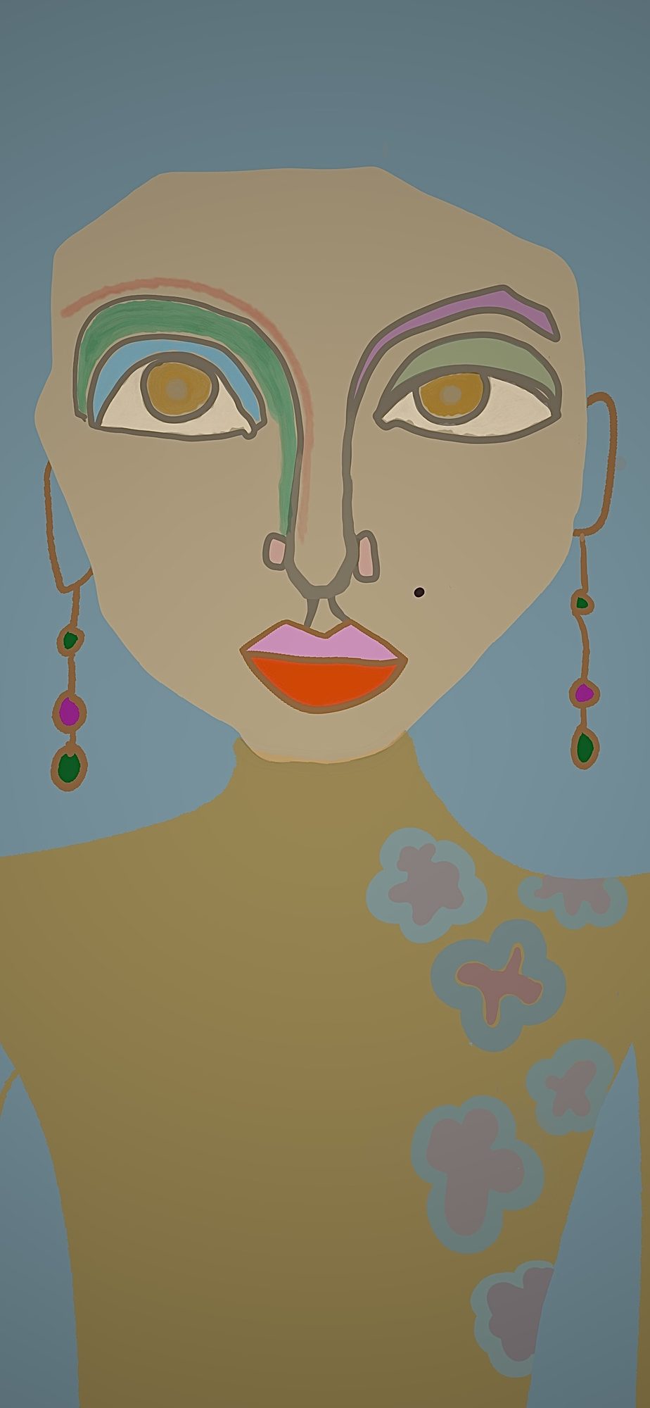 Mila, a figurative portrait in jewel tones with gold and blue