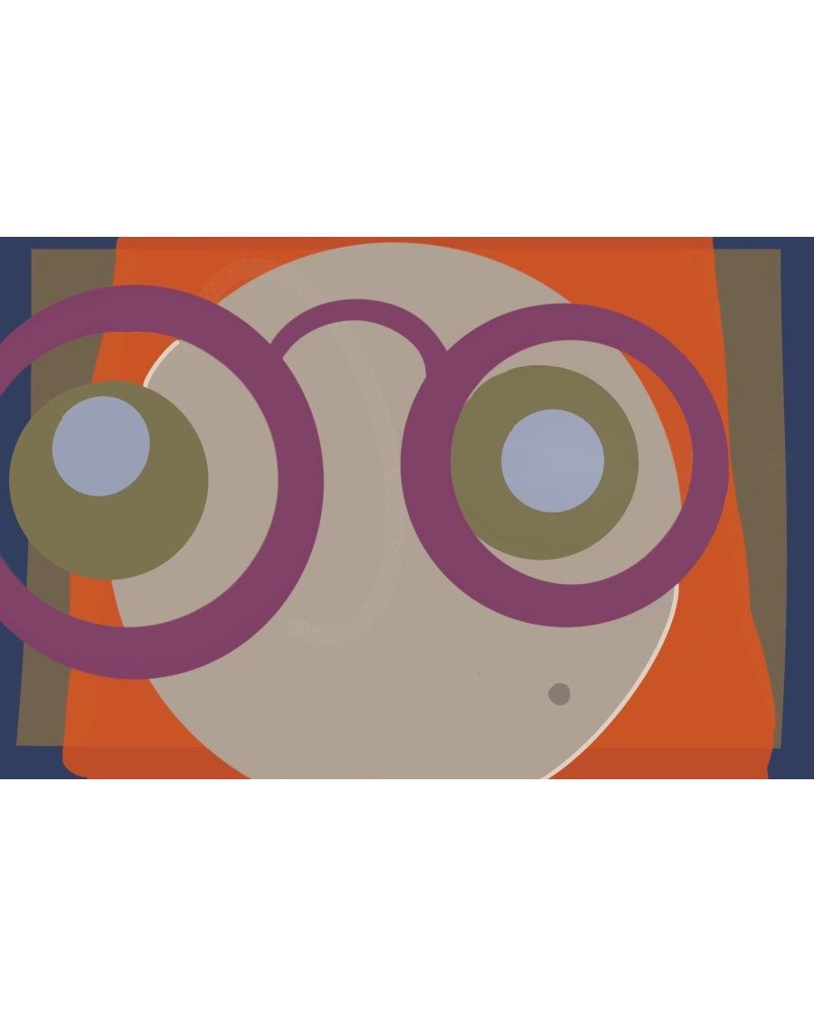 Oculus, an abstract print with bold circular forms in orange and purple