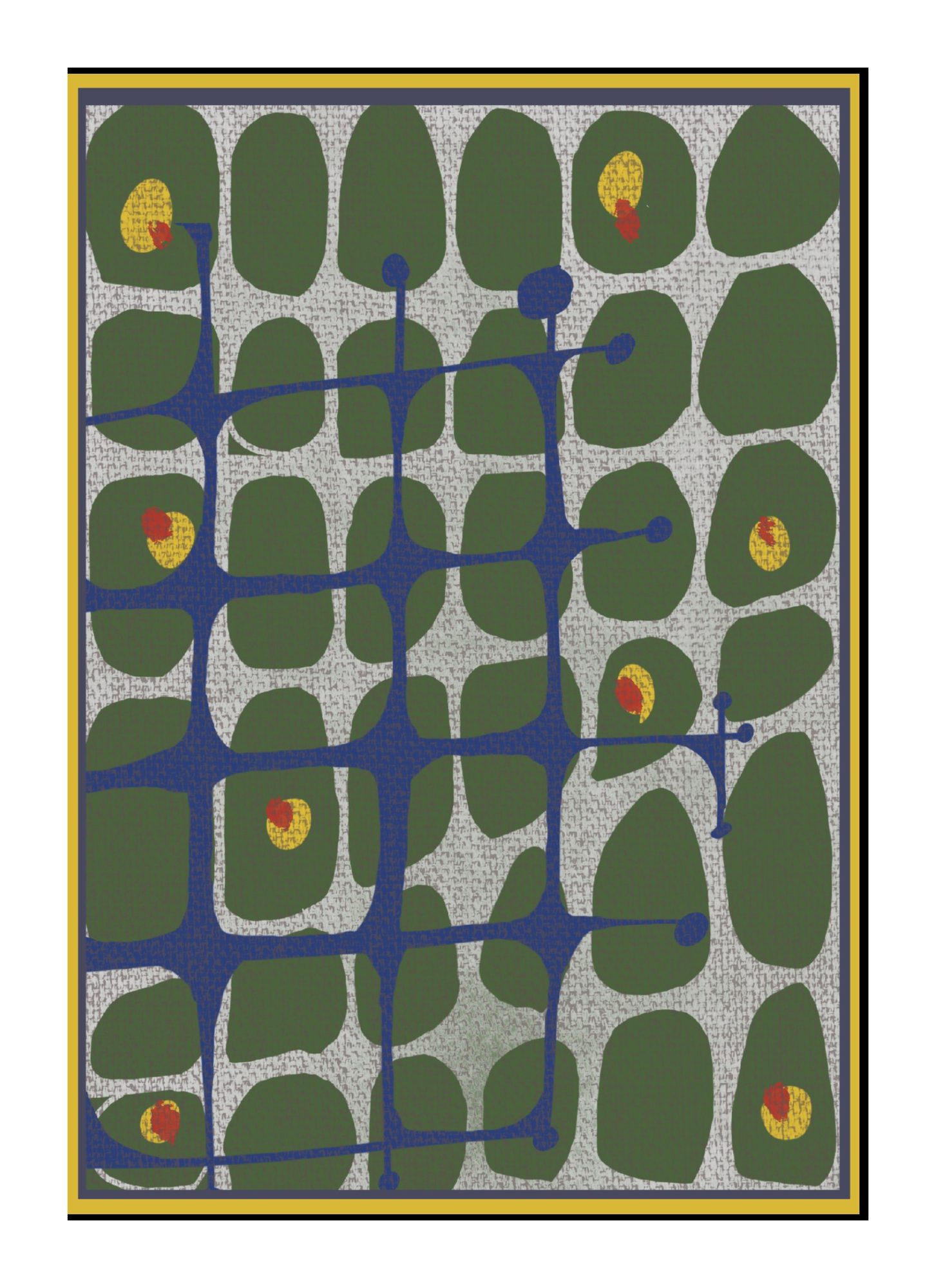 Olivetini, a graphic pattern print with olive shapes and blue network lines