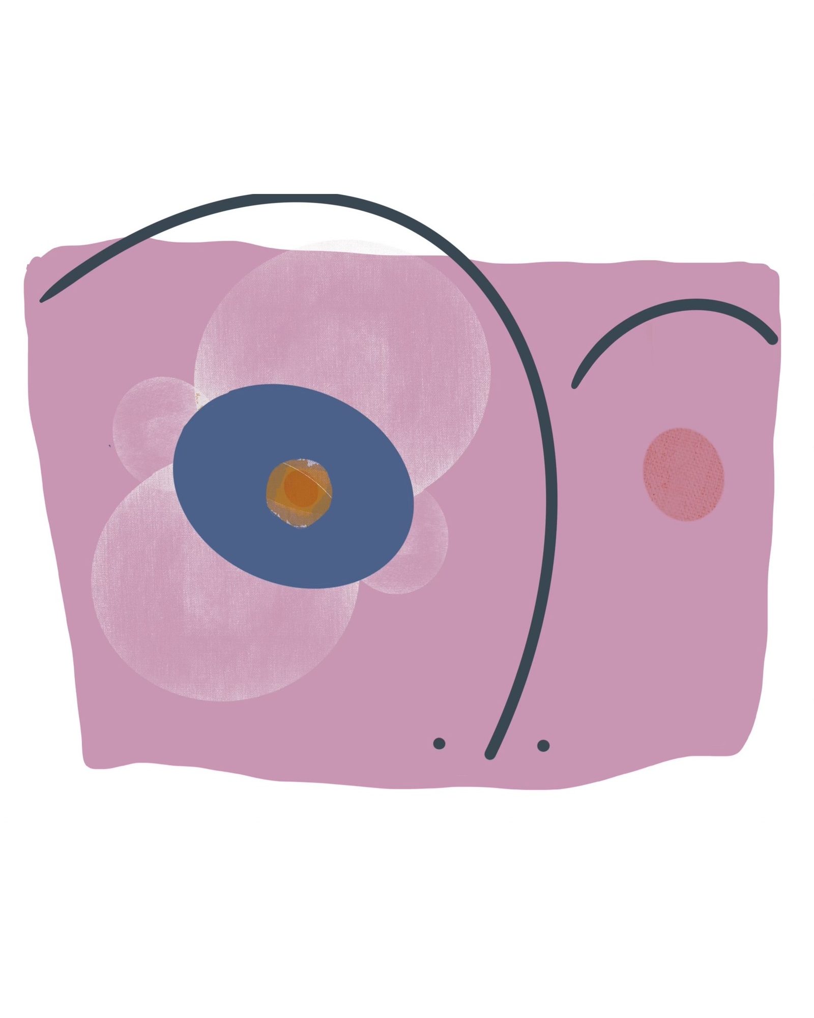 Orquidea, an abstract print with blue eye shape and orbiting circles on mauve background