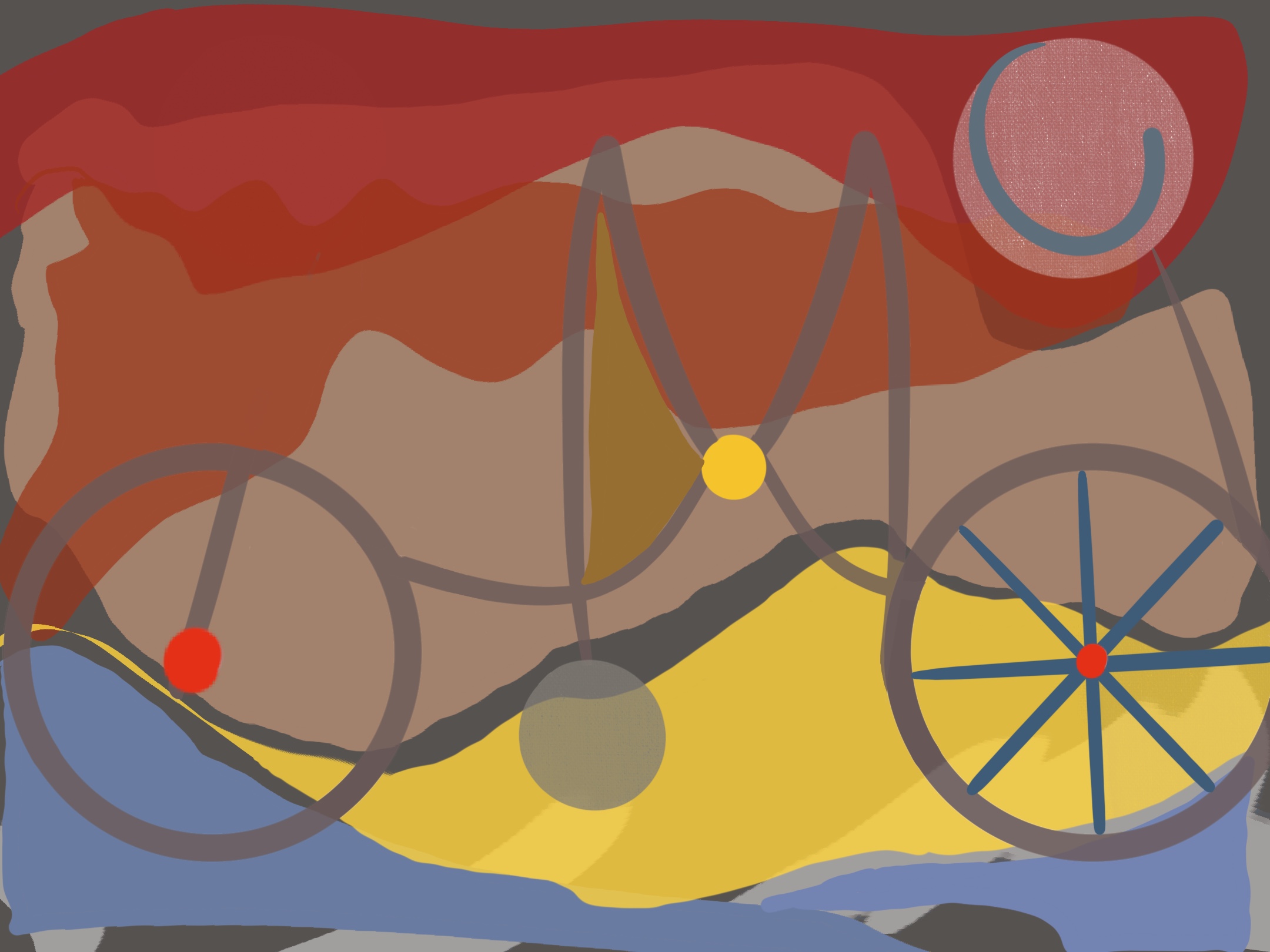 Abstract print with wagon wheel shapes in warm tones