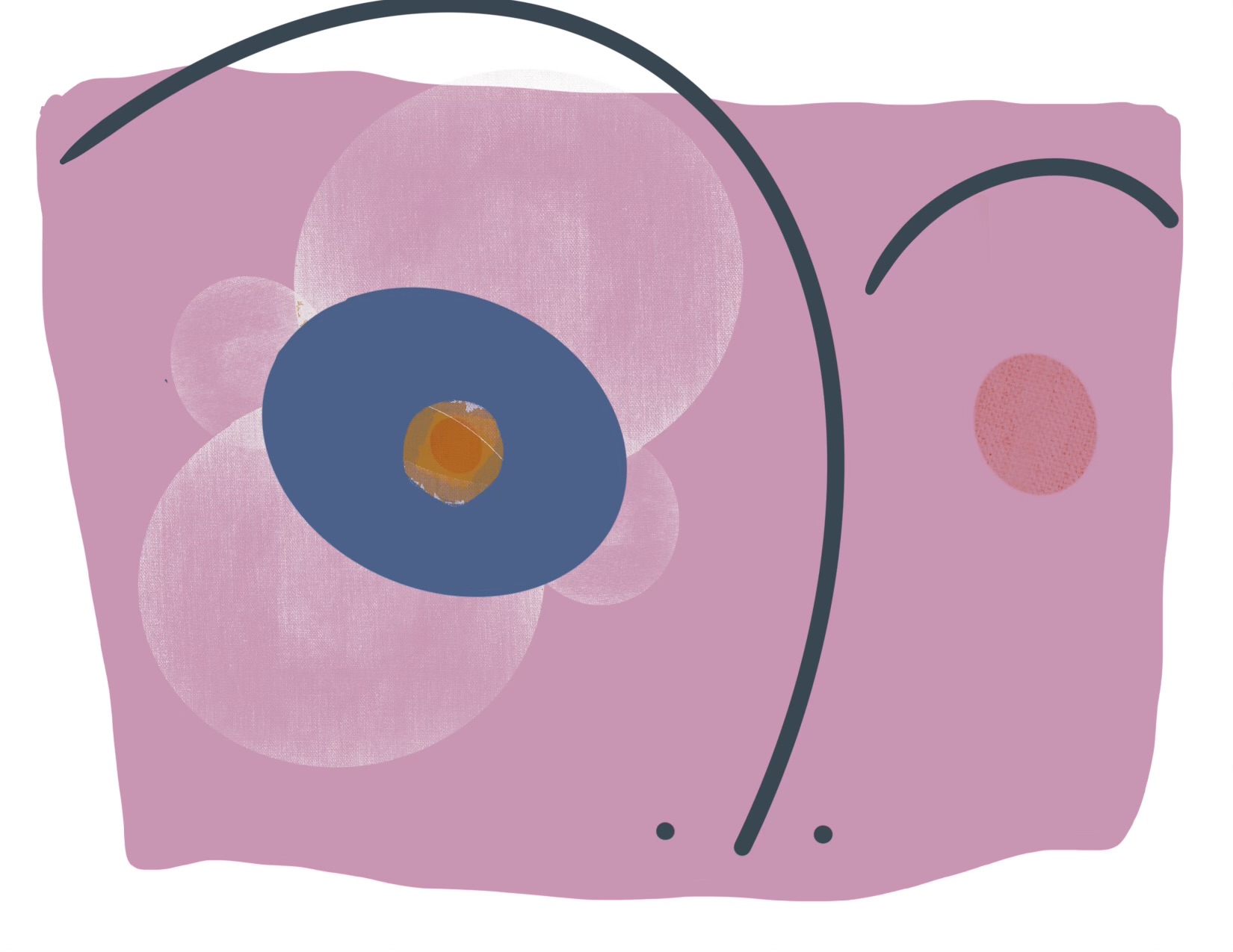 Abstract print with blue eye shape and orbiting circles on mauve background