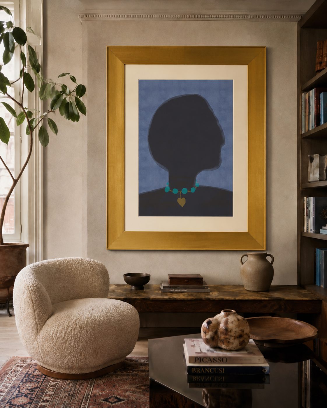 She in a book-lined living room