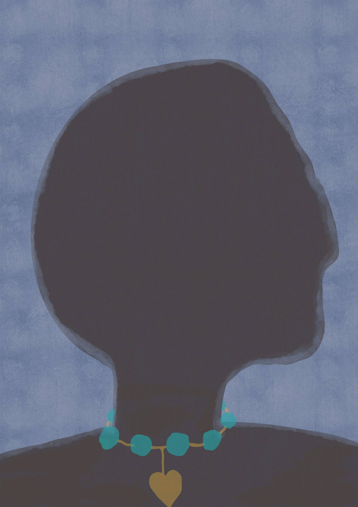 She, a faceless figure from behind wearing a turquoise beaded necklace with a gold heart pendant, on a dusty blue ground