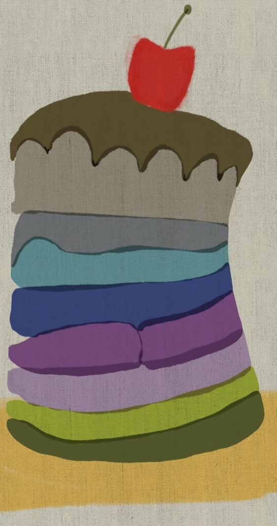 Fête, a painterly print of stacked layered forms topped with a cherry