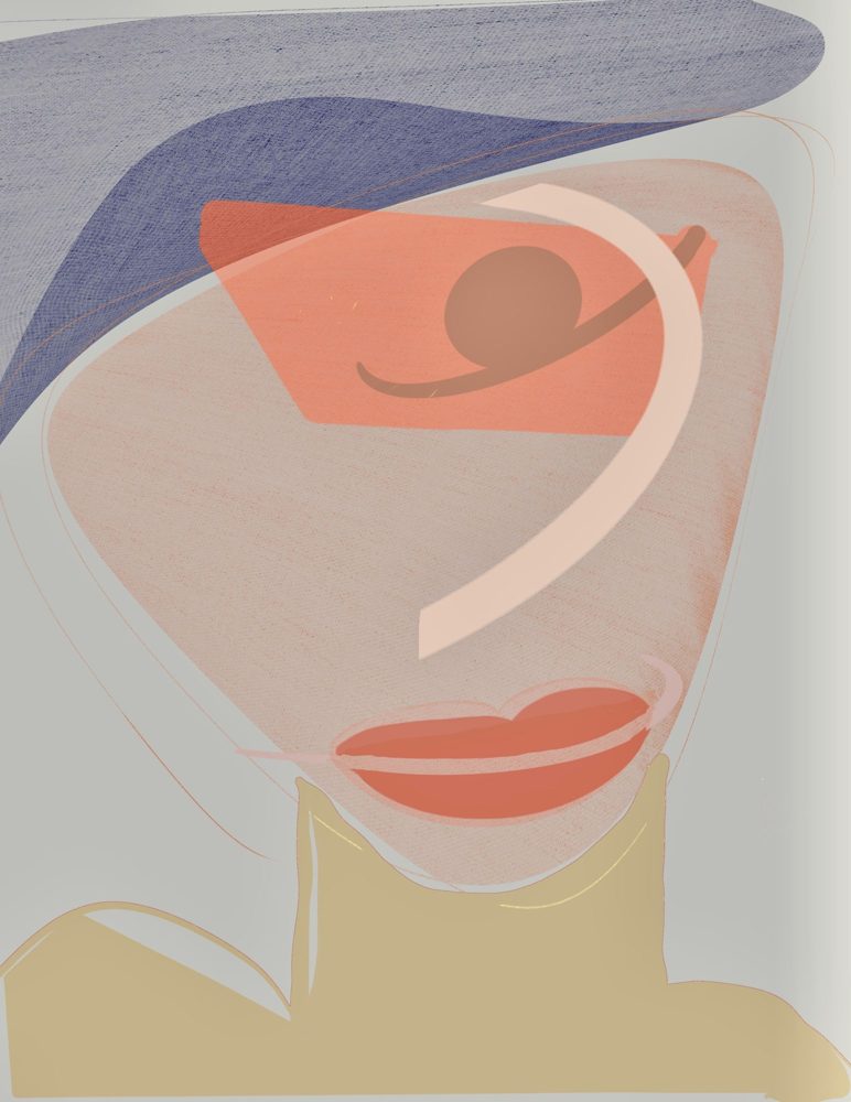 Juliette, a bold figurative portrait with blue hat and coral tones