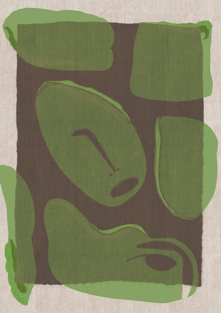 Forma, an abstract fractured portrait in olive green tones on a dark ground