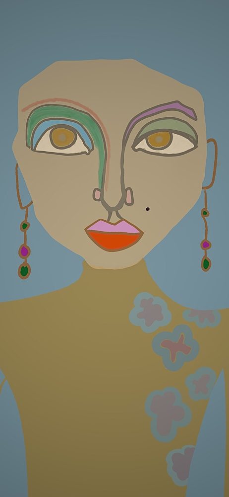Mila, a figurative portrait in jewel tones with gold and blue