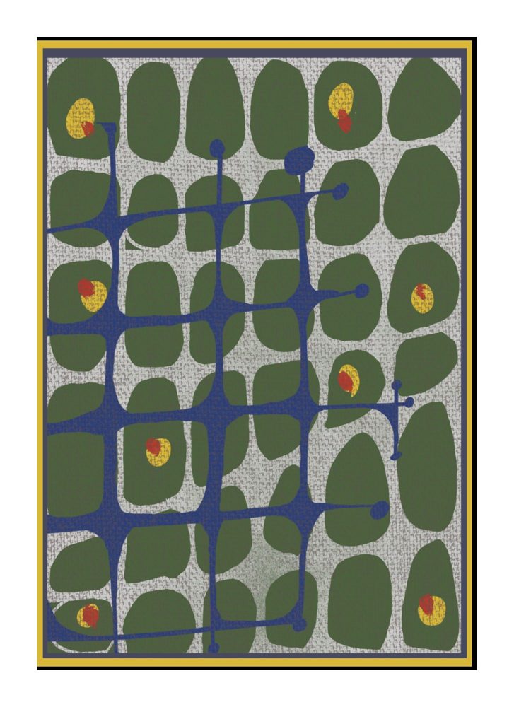Olivetini, a graphic pattern print with olive shapes and blue network lines