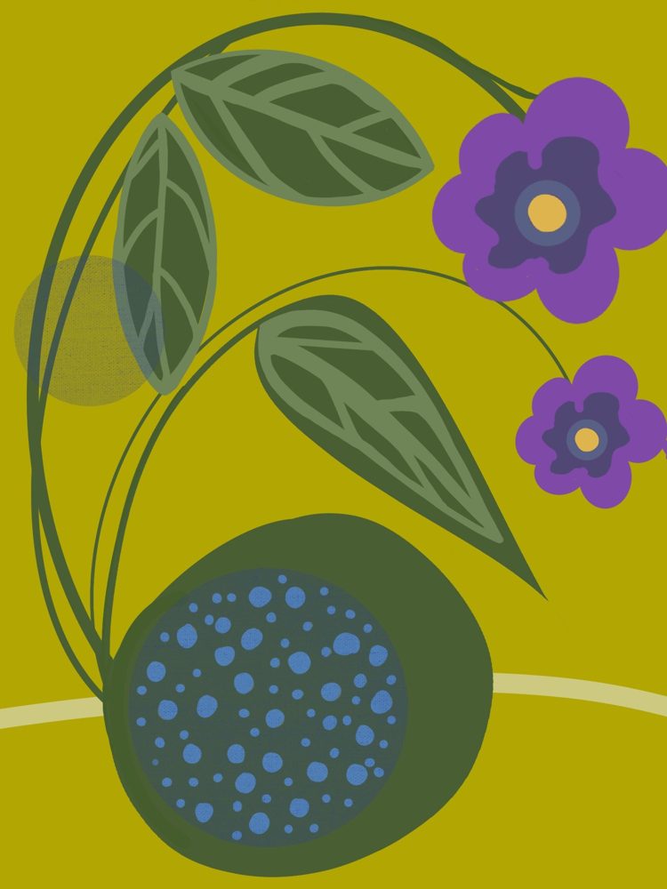 Violet Bloom, purple flower illustration on olive background