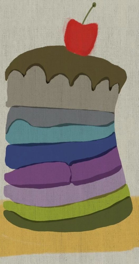 Fête, a painterly print of stacked layered forms topped with a cherry