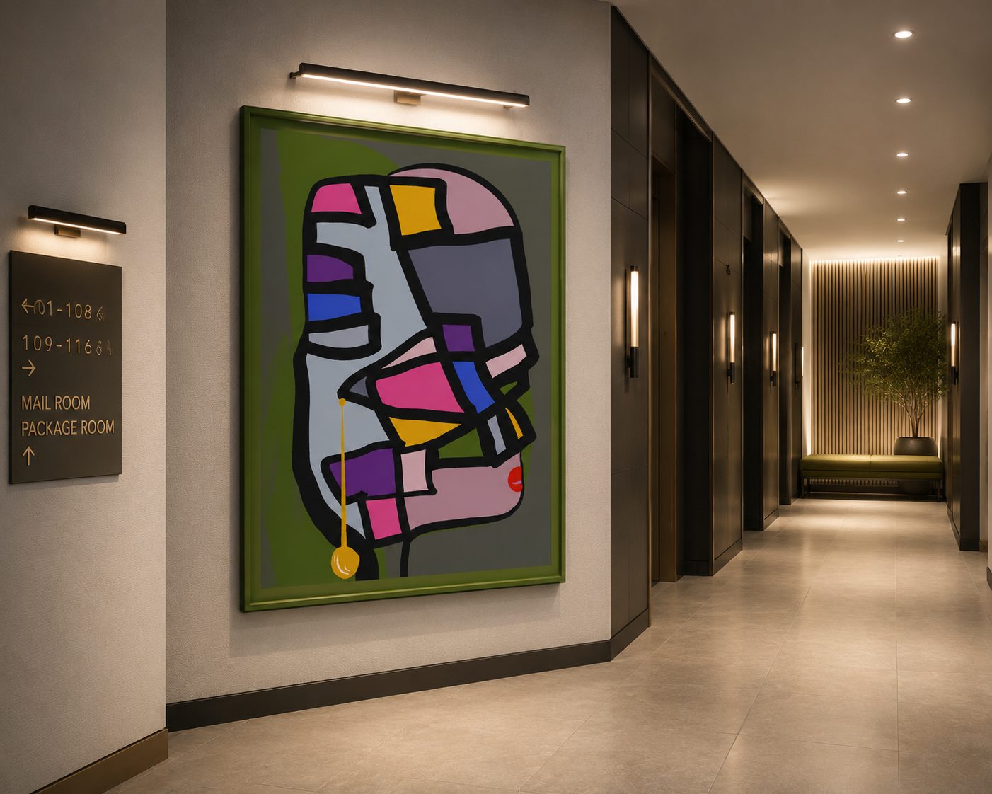 Enigma print in a corridor setting by Accento Cassa