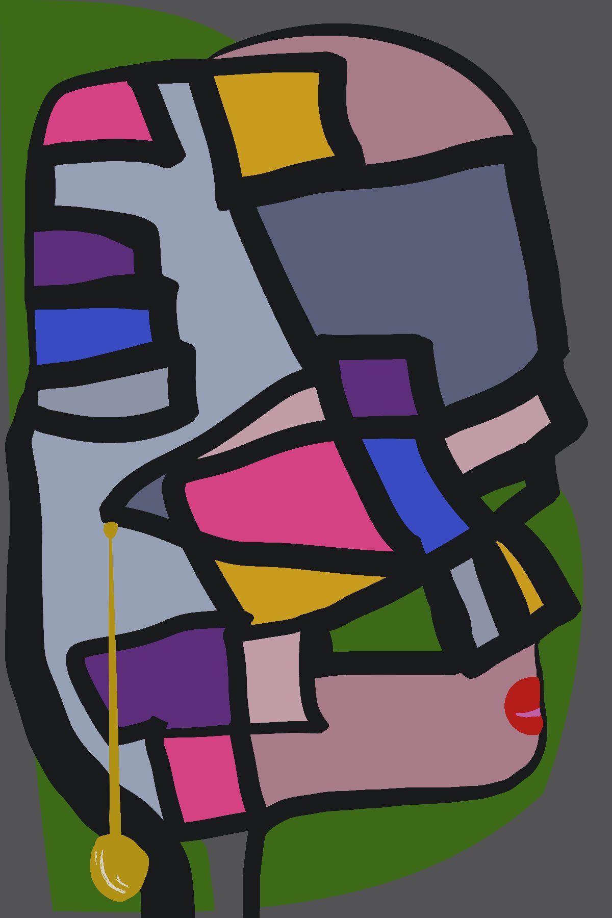 Enigma, a graphic fractured portrait in bold color-blocked segments